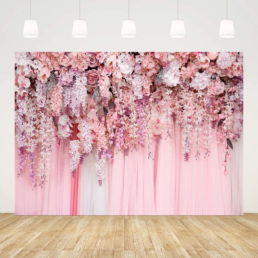 7x5ft Pink Rose Floral Flower Wall Backdrop Girls Wedding Birthday Bridal Shower Kids Portrait Background Photoshoot Cake Table Tea Party Photoshoot Decorations Photo Studio Props