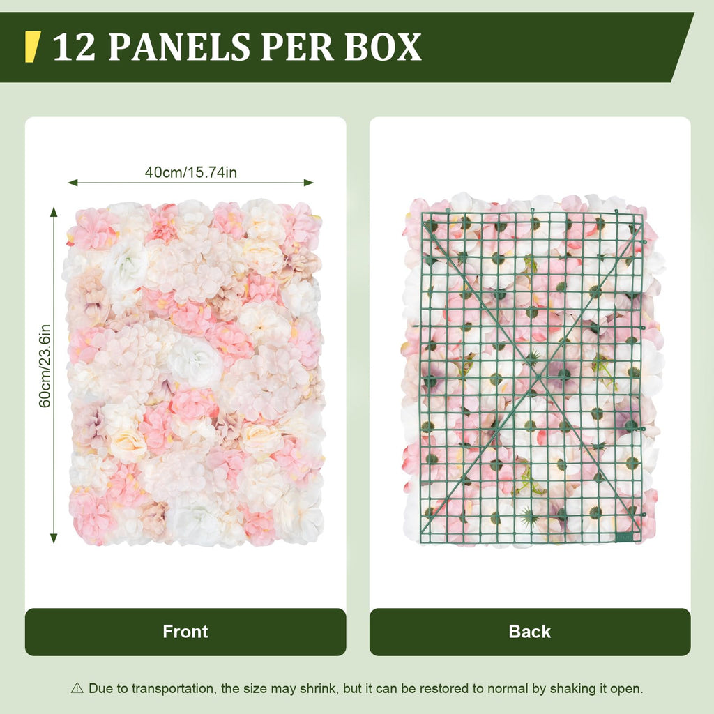 12 Pcs Artificial Flower Wall Panels, 23.6x15.74 Inch Flower Wall Mat Silk Flowers Panels for Wedding Backdrop Outdoor Garden Fence Photo Background Home Party Decor (Pink)