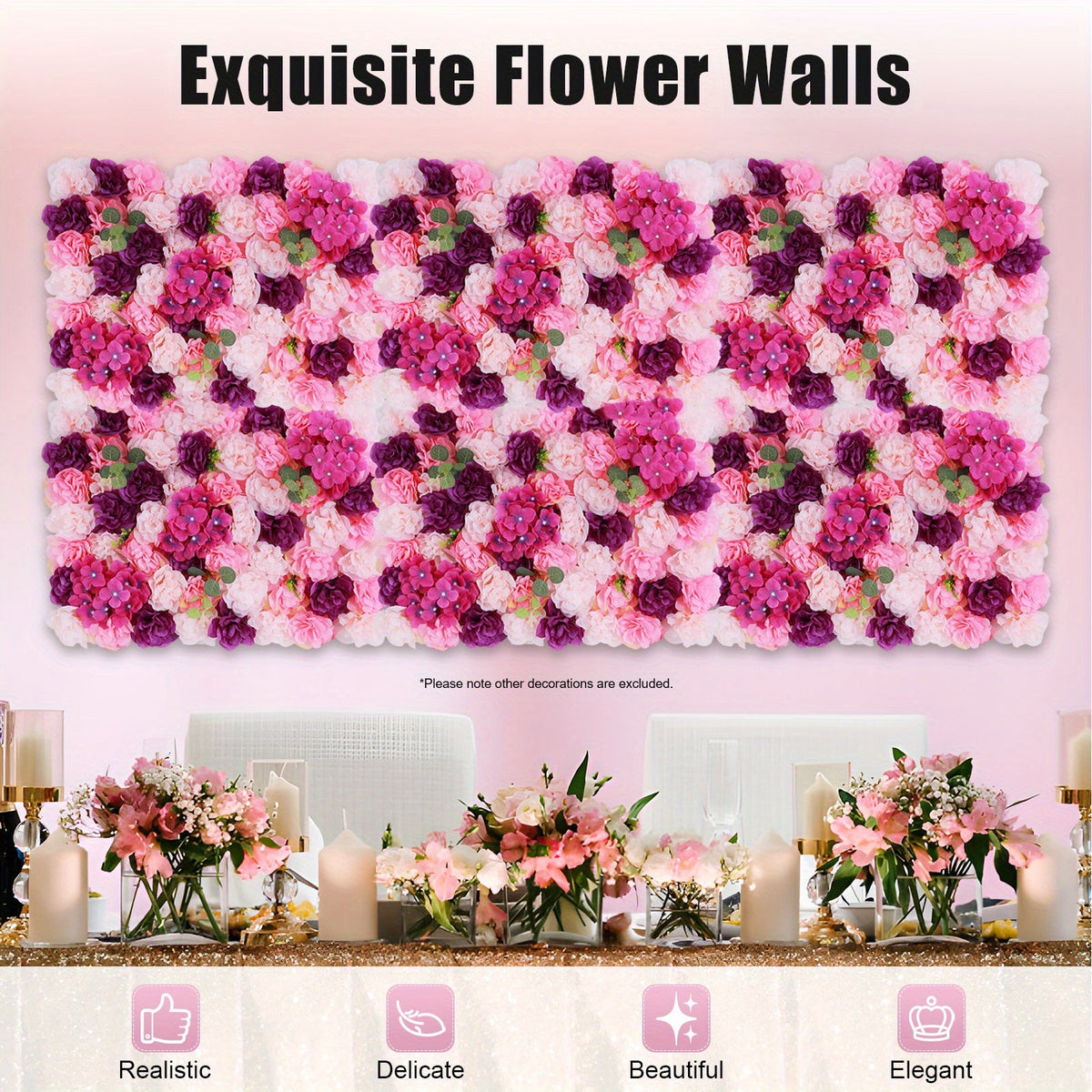 Artificial Flower Wall Decor Set, Pink Purple Dahlia Hydrangea Eucalyptus Flowers for Indoor Outdoor Home Wedding Party Decor, 23.62x15.75inch Each Panel