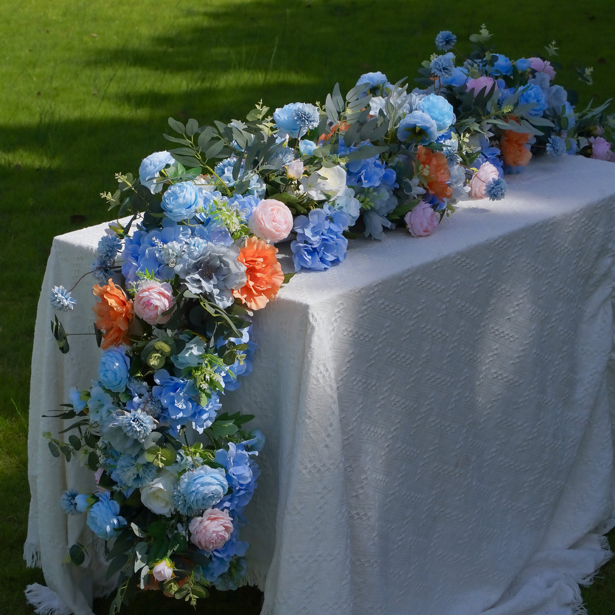 Sky Blue Hydrangea White Orchid Rose Wedding Backdrop(Excludes Frame)+Amo Long strip flower Runner | Wedding Floral Decor