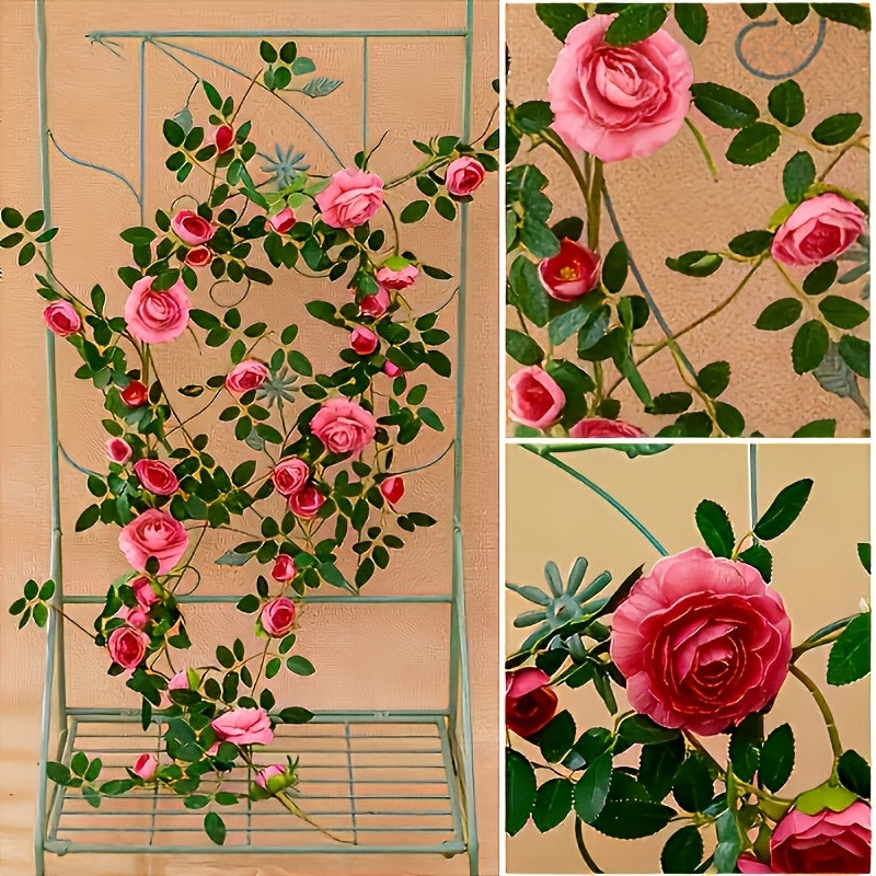 3pcs Outdoor Artificial Mini Tea Rose Fake Flower Vine, Air Conditioner Pipe Cover Decorative Vine, Wall Wire Concealer Wall-Mounted Green Plant Flower Wall Landscape Plastic Plant, Suitable for Christmas, Thanksgiving, Valentine's Day