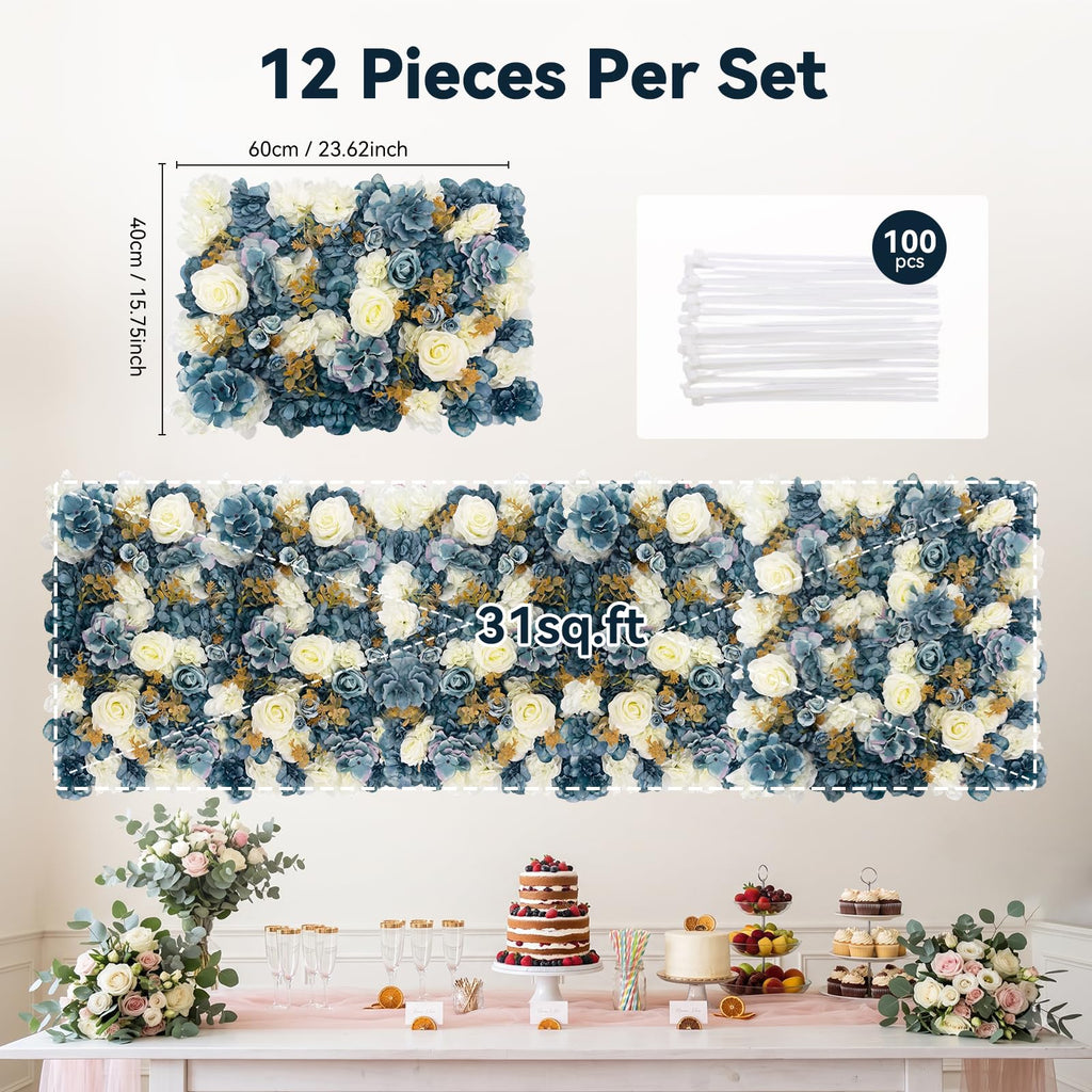 12 Pcs Flower Wall Panel, 24" x 16" Artificial Rose Hydrangea Backdrop, 3D Heavy Duty Faux Silk Floral Backdrop with 100 Zip Ties for Wedding Event Party Home Patio Decoration