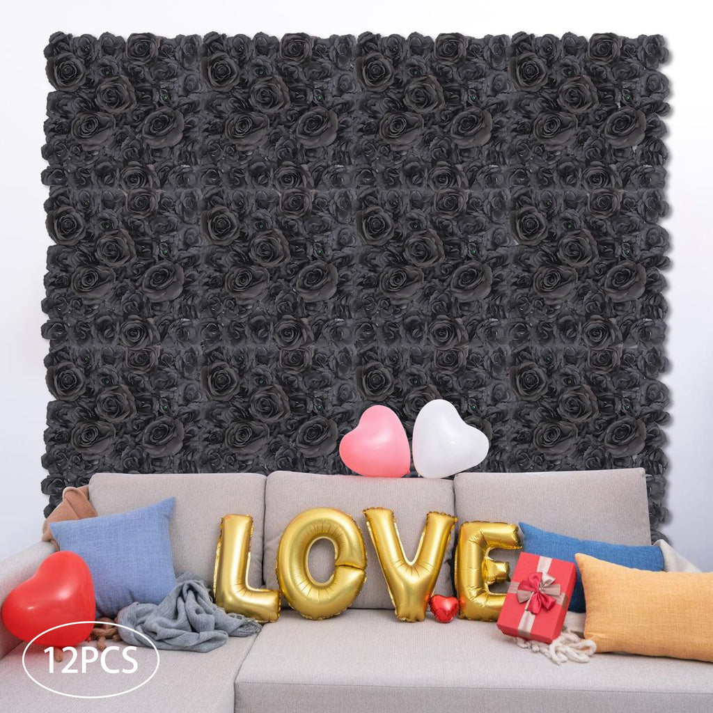 Flower Wall Panels 12PCS Artificial Flowers Decoration Black Fake Rose Wall Background Arrangements Large Silk Floral Backdrop for Indoor And Outdoor Wedding Decor, Party,Villa, Garage,Funeral (12)