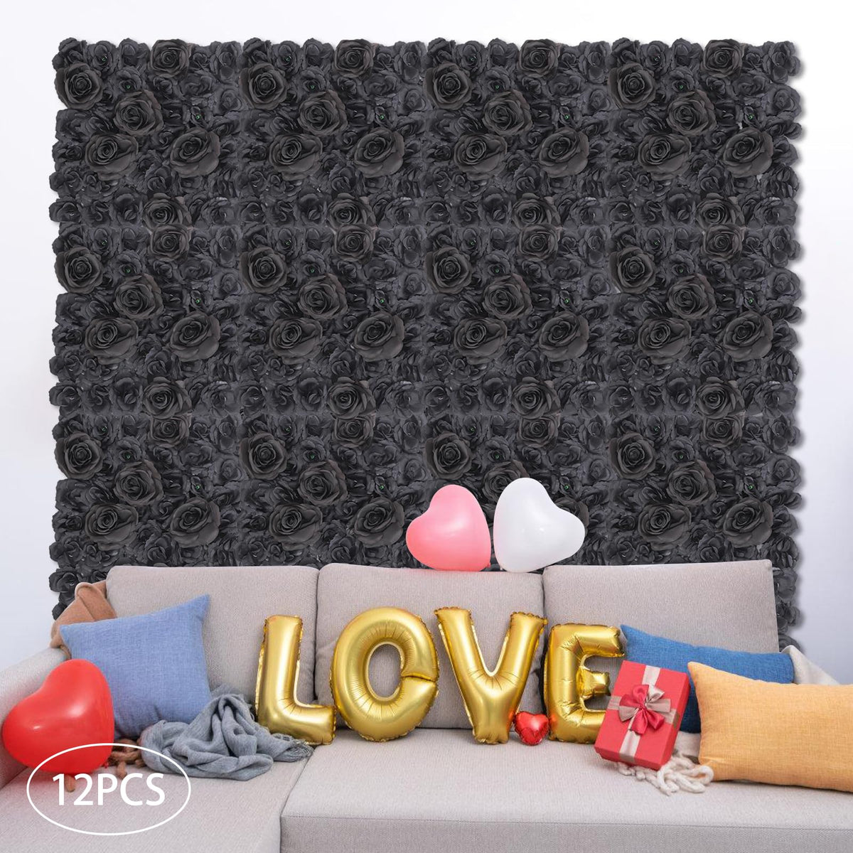 Flower Wall Panels 12PCS Artificial Flowers Decoration Black Fake Rose Wall Background Arrangements Large Silk Floral Backdrop for Indoor And Outdoor Wedding Decor, Party,Villa, Garage,Funeral (12)