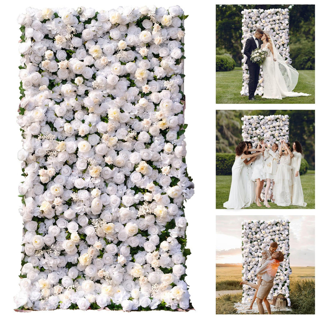 4ft*8ft Artificial Flower Wall Panels, 3D Silk Rose White Floral Backdrop