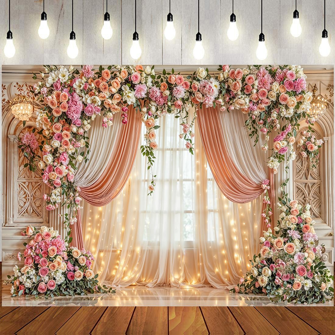 Champagne White Wedding Flower Backdrop 5ftx3.74ft Artificial Floral Backdrop Wall Panels for Bridal Shower Birthday Party Decor