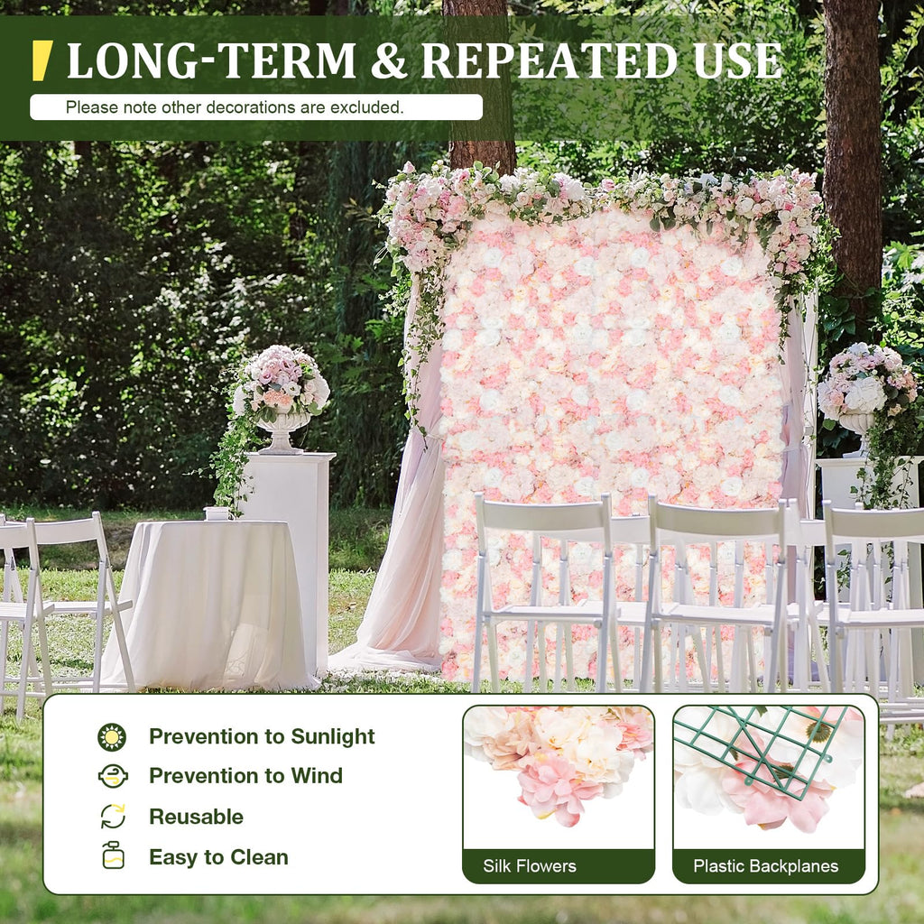 12 Pcs Artificial Flower Wall Panels, 23.6x15.74 Inch Flower Wall Mat Silk Flowers Panels for Wedding Backdrop Outdoor Garden Fence Photo Background Home Party Decor (Pink)