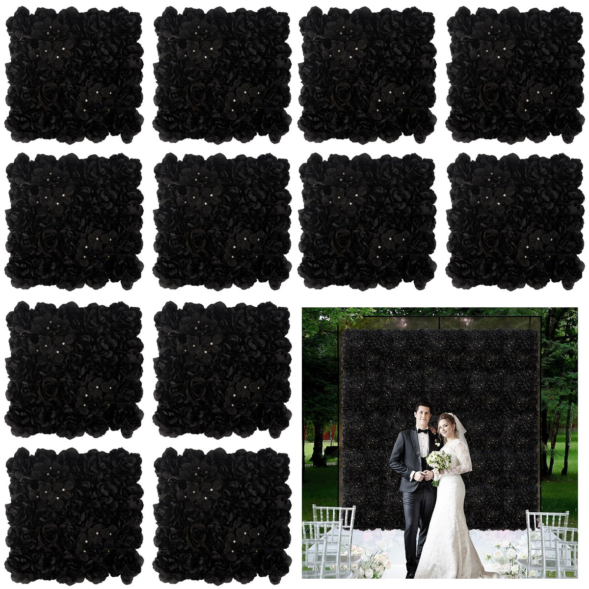 Flower Wall Panels 12PCS Artificial Flowers Decoration Black Fake Rose Wall Background Arrangements Large Silk Floral Backdrop for Indoor And Outdoor Wedding Decor, Party,Villa, Garage,Funeral (12)