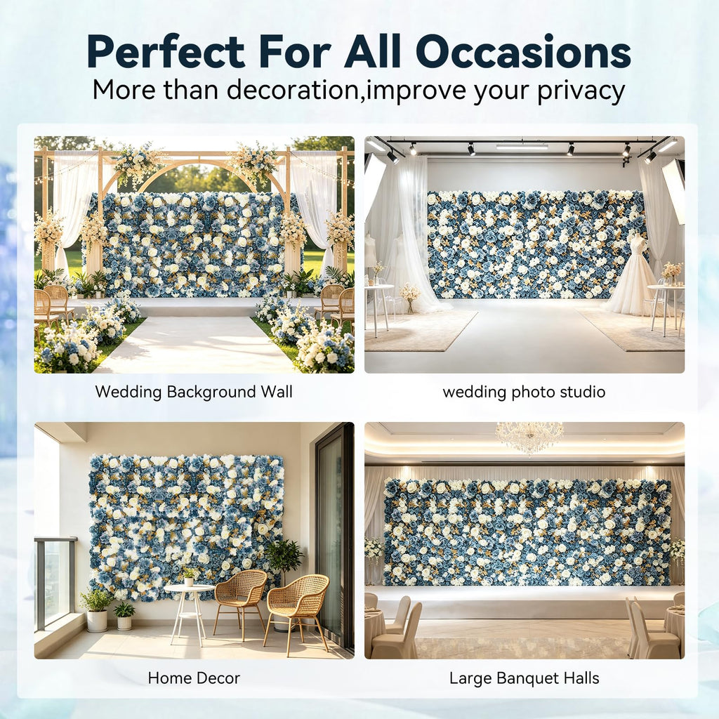 12 Pcs Flower Wall Panel, 24" x 16" Artificial Rose Hydrangea Backdrop, 3D Heavy Duty Faux Silk Floral Backdrop with 100 Zip Ties for Wedding Event Party Home Patio Decoration