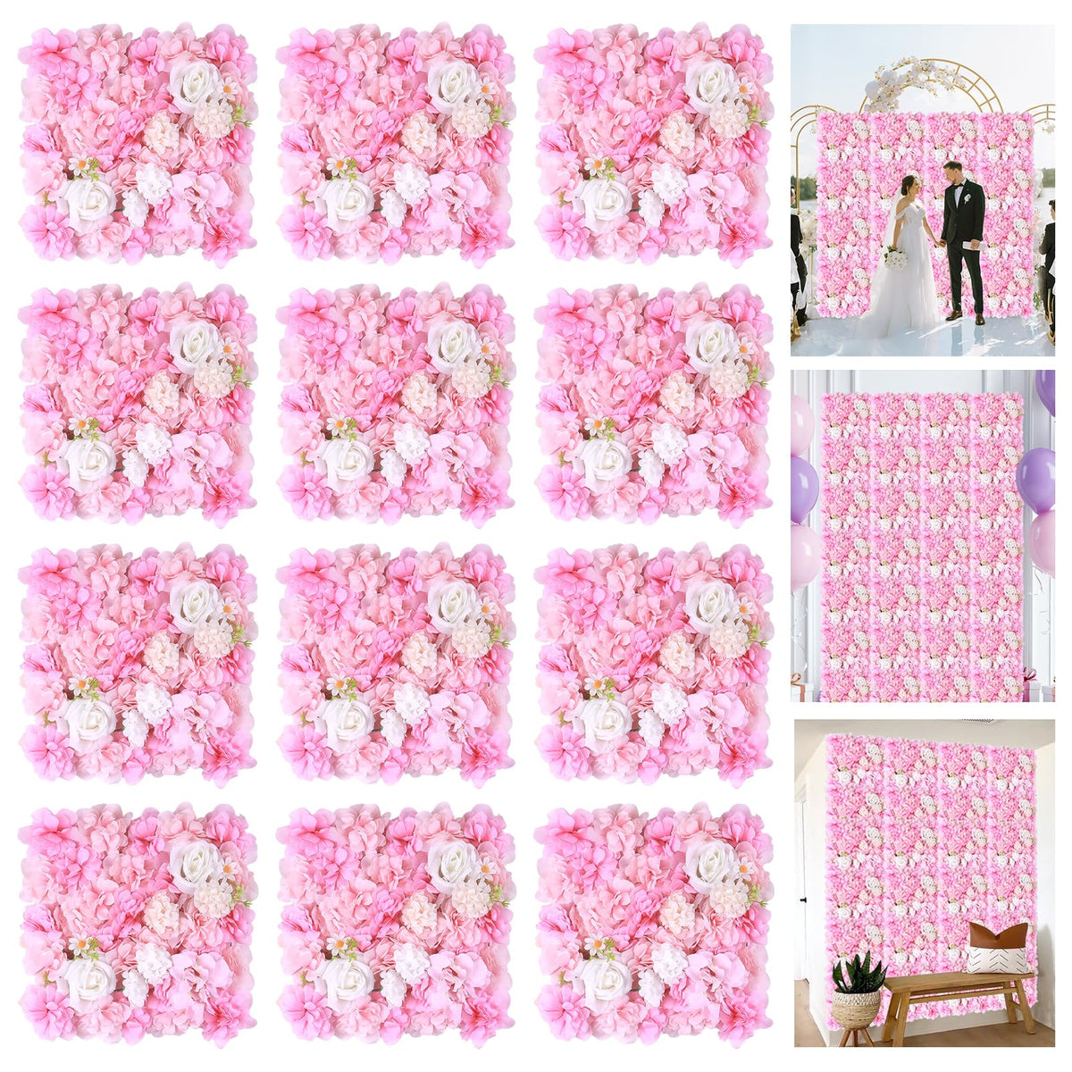 4ft*8ft Artificial Flower Wall Panels, 3D Silk Rose White Floral Backdrop