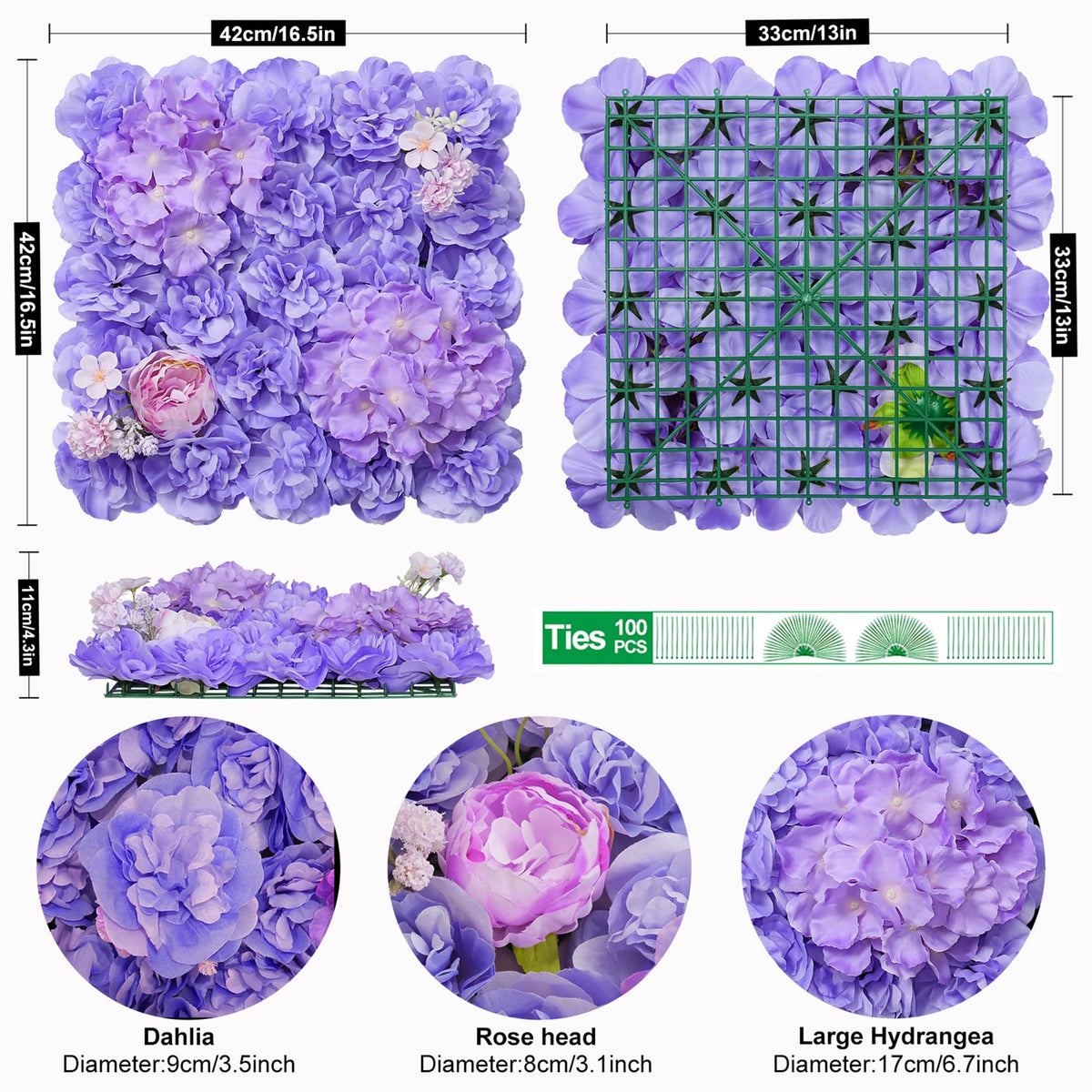 12pcs Flower Wall Backdrop 16.5"x16.5" Silk Floral Panels-Purple