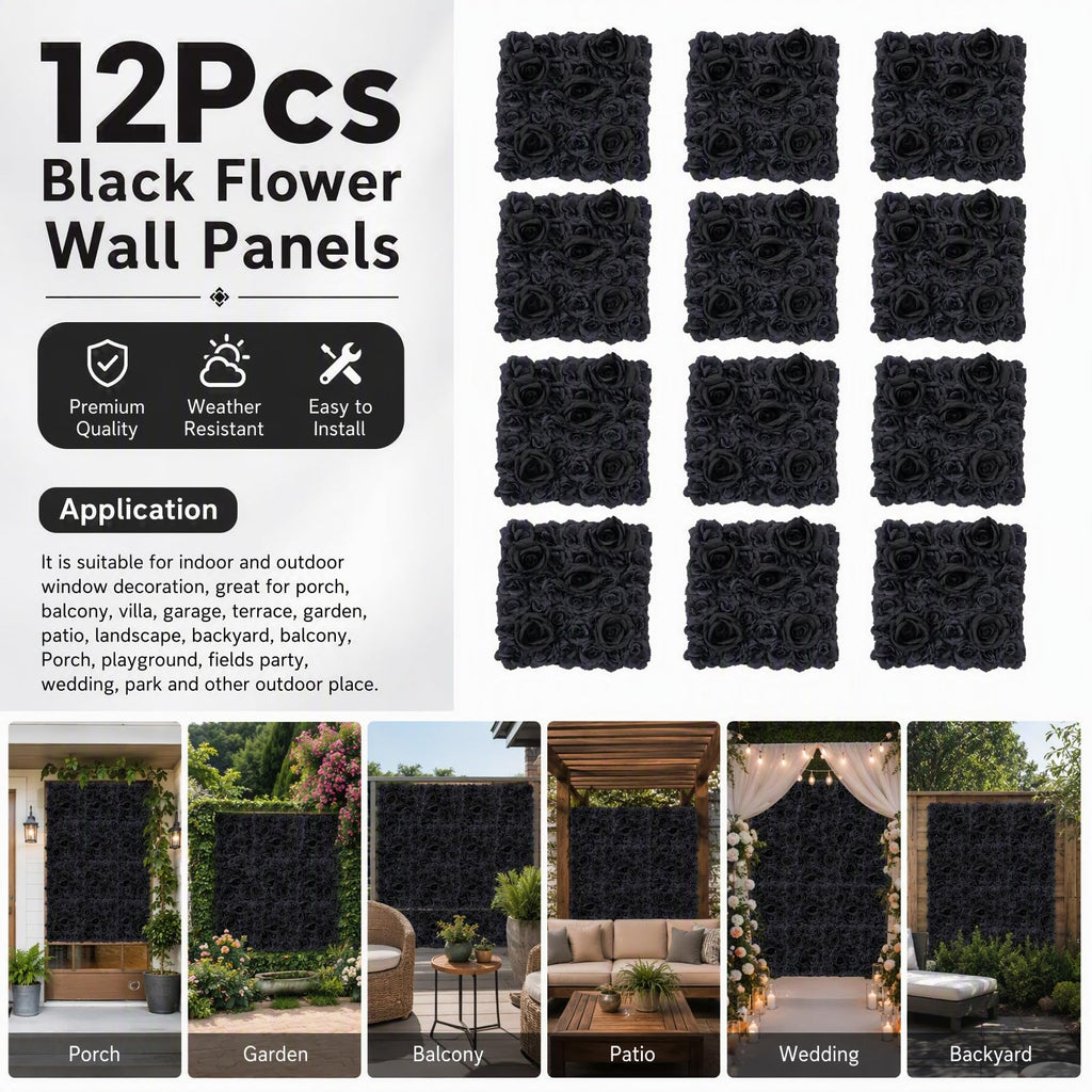 Flower Wall Panels 12PCS Artificial Flowers Decoration Black Fake Rose Wall Background Arrangements Large Silk Floral Backdrop for Indoor And Outdoor Wedding Decor, Party,Villa, Garage,Funeral (12)