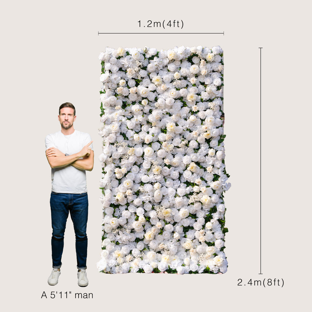 4ft*8ft Artificial Flower Wall Panels, 3D Silk Rose White Floral Backdrop