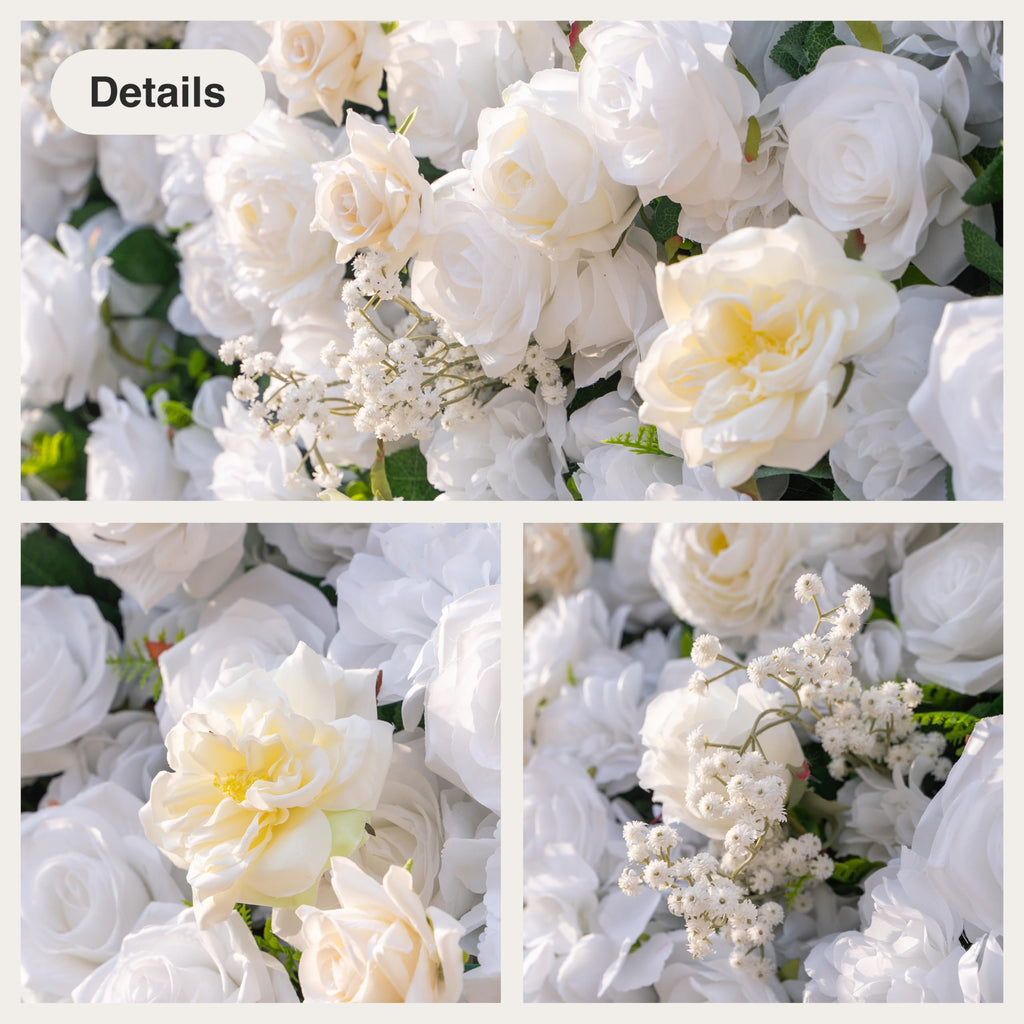 Flower Wall, Silk Artificial Flower Wall Backdrop for Wedding, Party and Home Decor, Fake Floral Panels for Bridal, White and Gold, 8 x 8ft