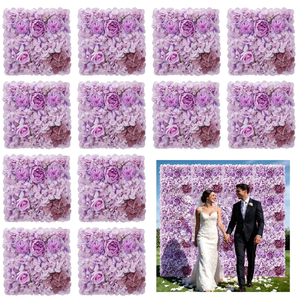 12pcs Flower Wall Backdrop 16.5"x16.5" Silk Floral Panels-Purple