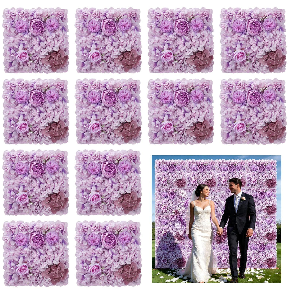 12pcs Flower Wall Backdrop 16.5"x16.5" Silk Floral Panels-Purple