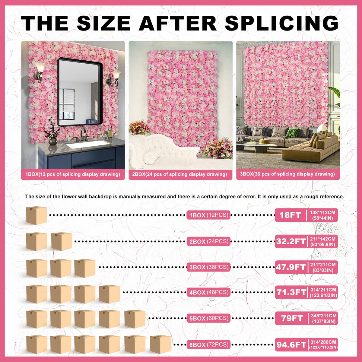 Flower Wall Backdrop 12pcs 16.5"x16.5"Artificial Floral Panels-Pink