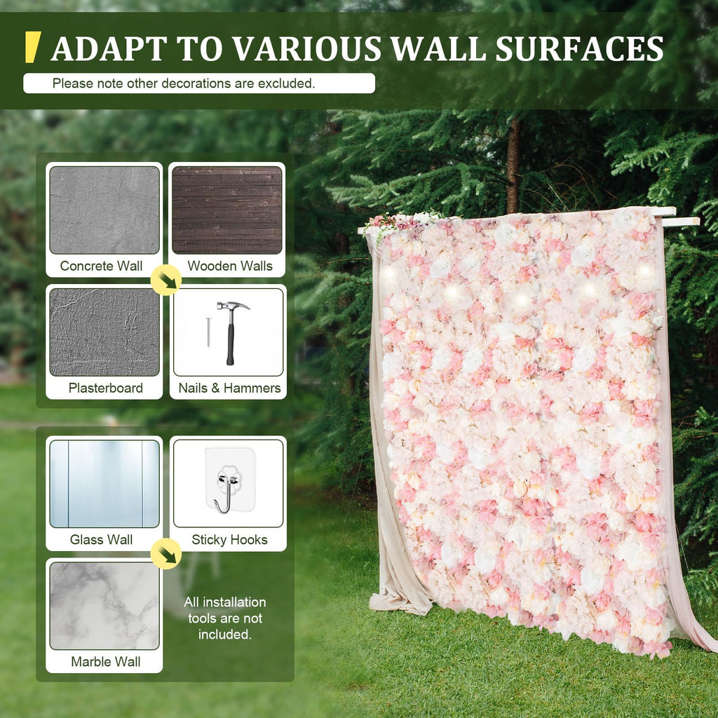 12 Pcs Artificial Flower Wall Panels, 23.6x15.74 Inch Flower Wall Mat Silk Flowers Panels for Wedding Backdrop Outdoor Garden Fence Photo Background Home Party Decor (Pink)