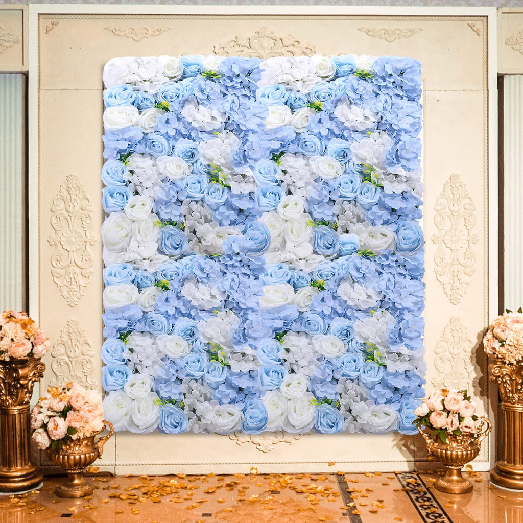 LOYALHEARTDY 4 Pack Artificial Flower Wall Panels 24" x 16" Blue & White Faux Hydrangea and Rose Artificial Flower Backdrop Panels for Wedding Party Event Flower Wall Decor