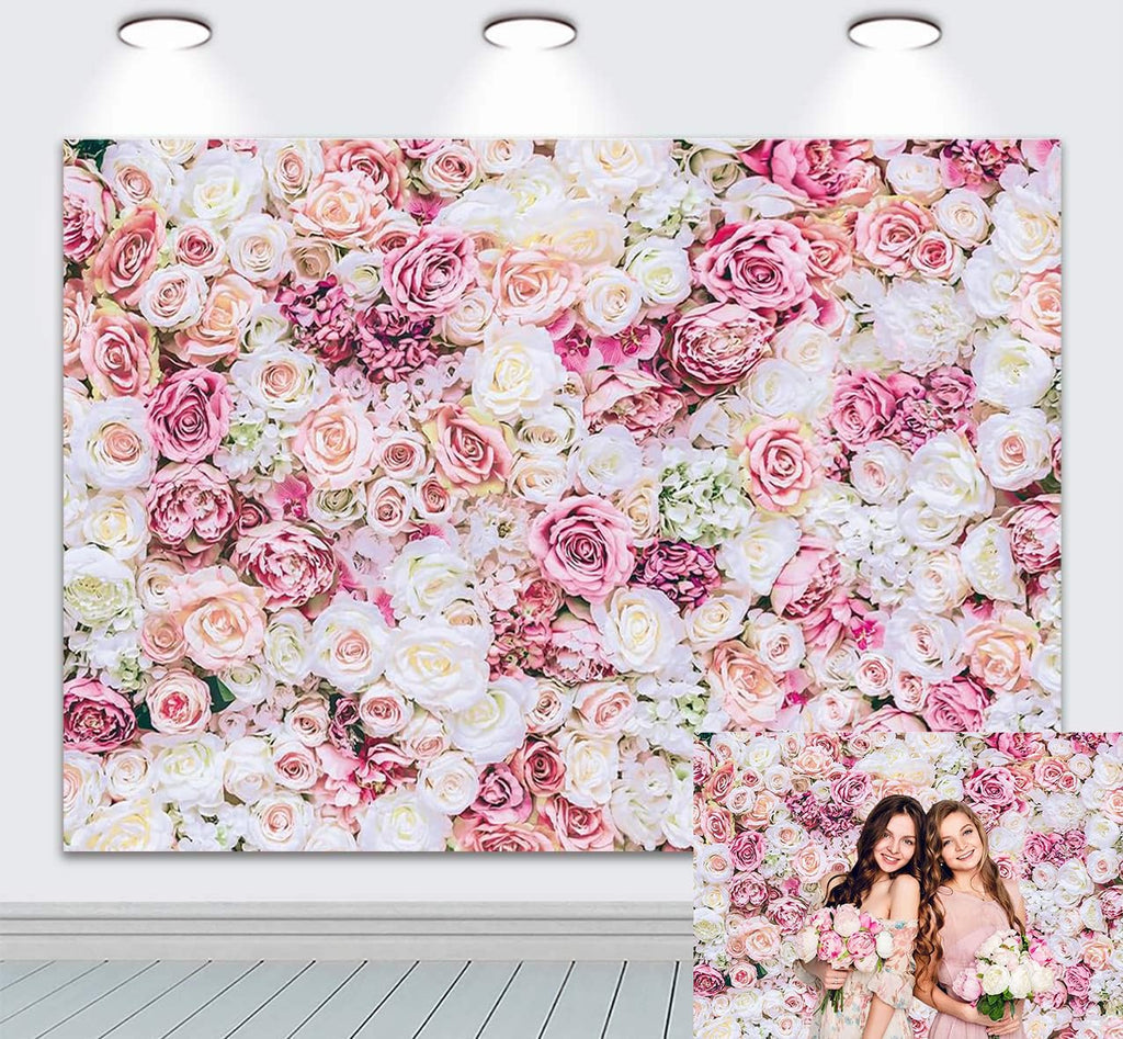 7x5ft Pink Rose Floral Flower Wall Backdrop Girls Wedding Birthday Bridal Shower Kids Portrait Background Photoshoot Cake Table Tea Party Photoshoot Decorations Photo Studio Props