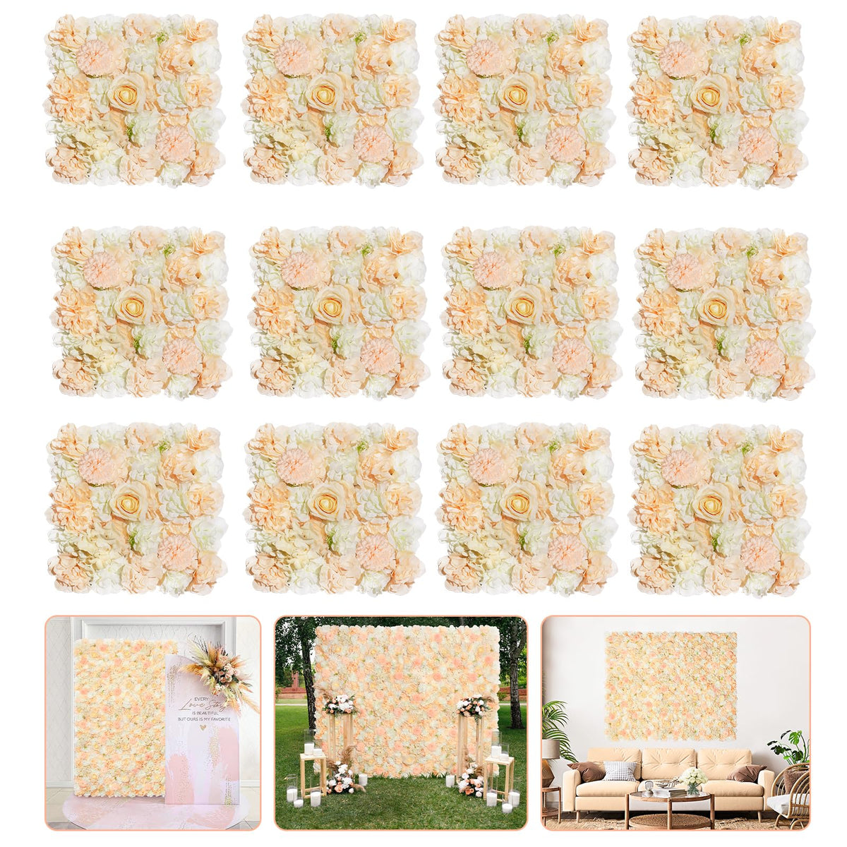 Champagne White Wedding Flower Backdrop 5ftx3.74ft Artificial Floral Backdrop Wall Panels for Bridal Shower Birthday Party Decor