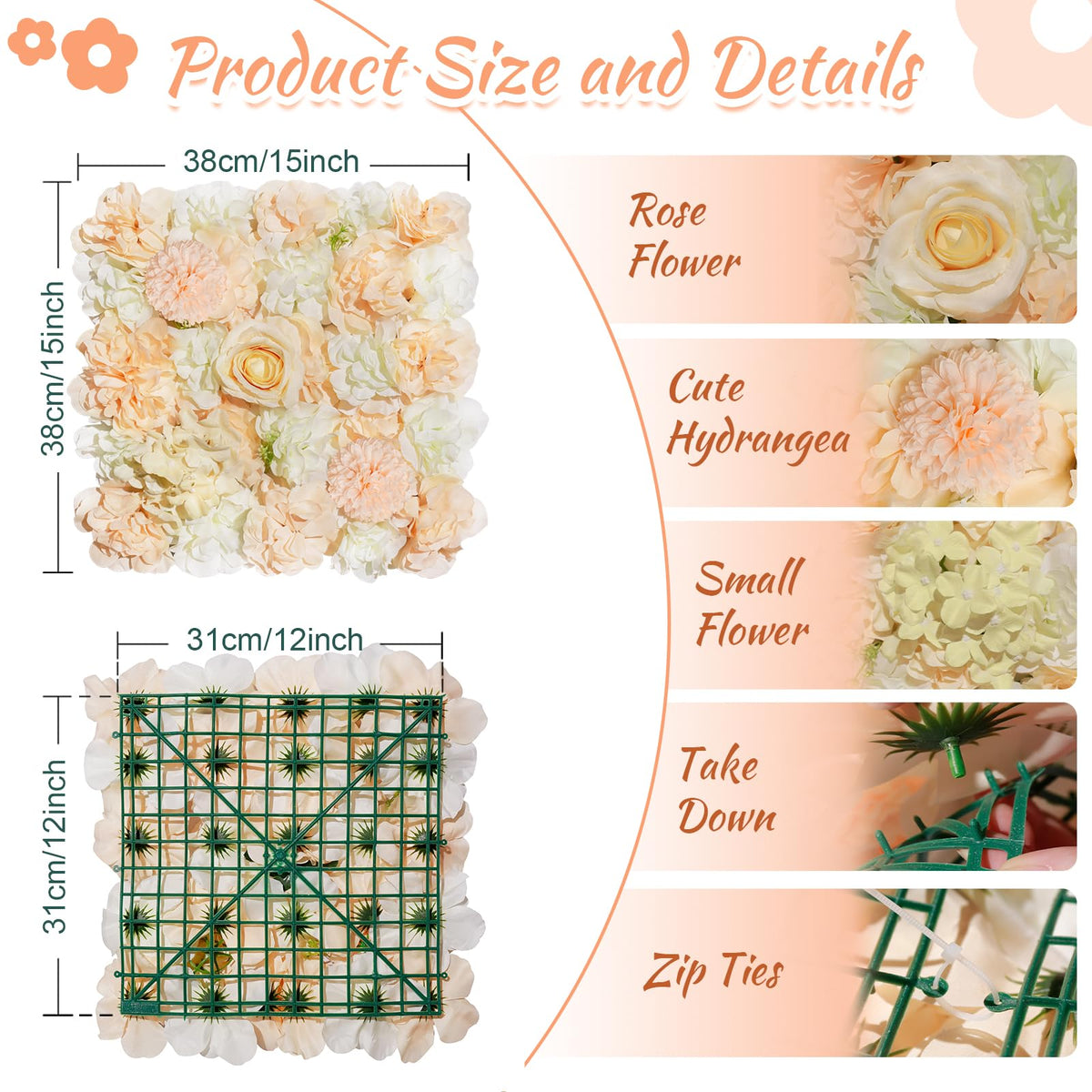 Champagne White Wedding Flower Backdrop 5ftx3.74ft Artificial Floral Backdrop Wall Panels for Bridal Shower Birthday Party Decor