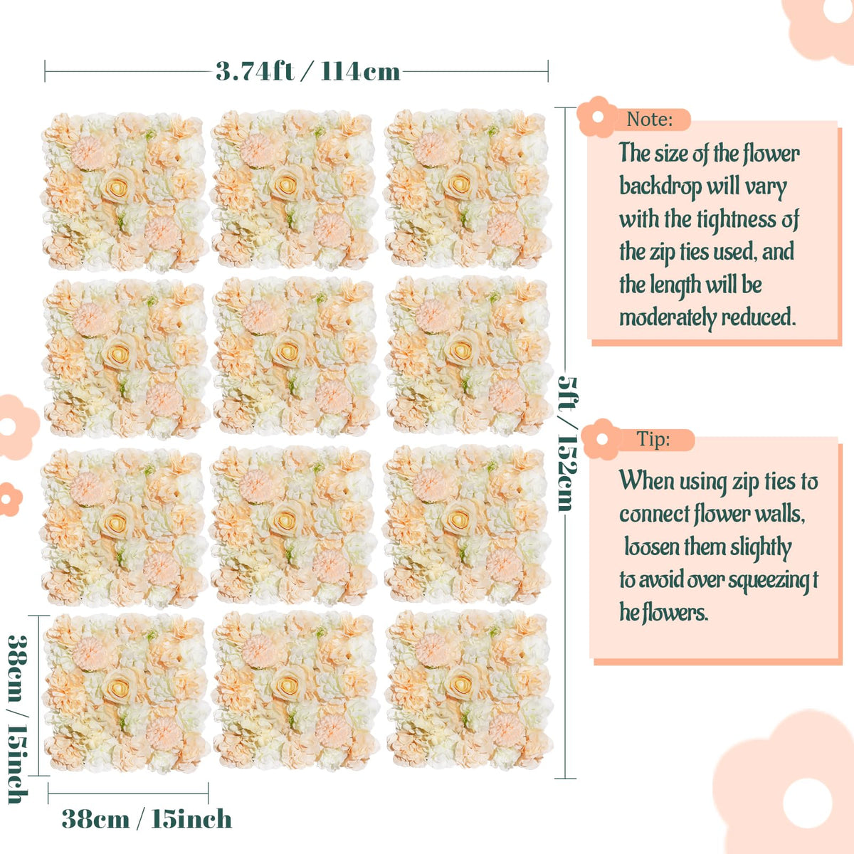 Champagne White Wedding Flower Backdrop 5ftx3.74ft Artificial Floral Backdrop Wall Panels for Bridal Shower Birthday Party Decor