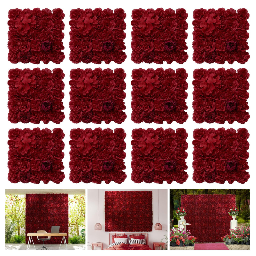 BLOSMON Red Flower Wall Backdrop for Wedding Decor, 12 Pcs, 24 x 16 Inches