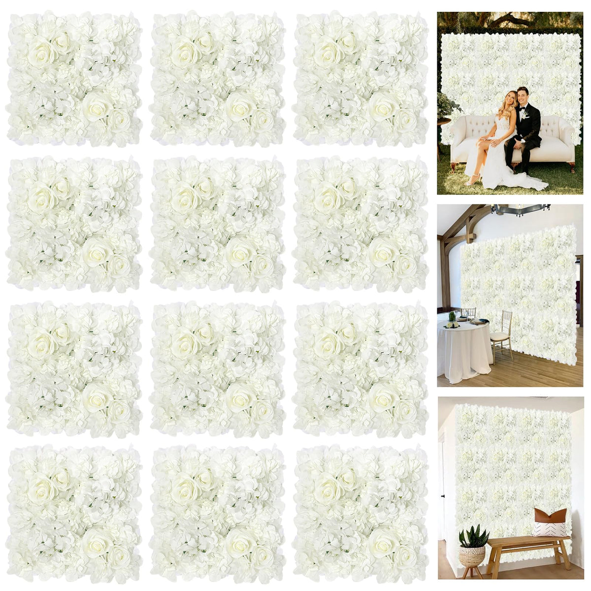 12 Pcs Flower Wall Panel, 24" x 16" Artificial Rose Hydrangea Backdrop, 3D Heavy Duty Faux Silk Floral Backdrop with 100 Zip Ties for Wedding Event Party Home Patio Decoration