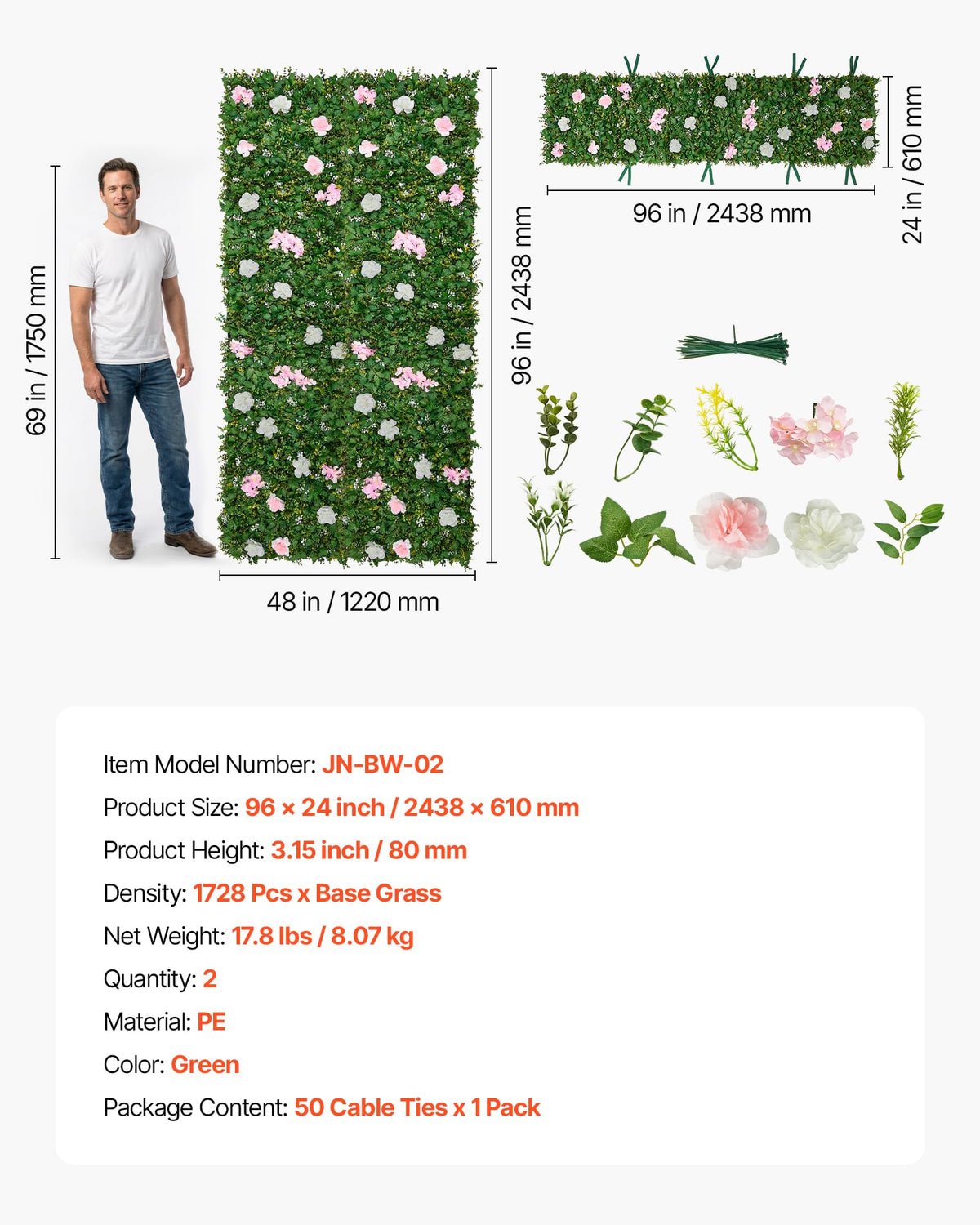 VEVOR Artificial Luxury‌ Flower Wall Backdrop, 2 PCS, Each Panel 2 x 8 ft, Gorgeous 3D Silk Floral Backdrop Pet Friendly, Easy Installation Flower Wall Panel for Wedding, Event, Party,Mixed Leaf