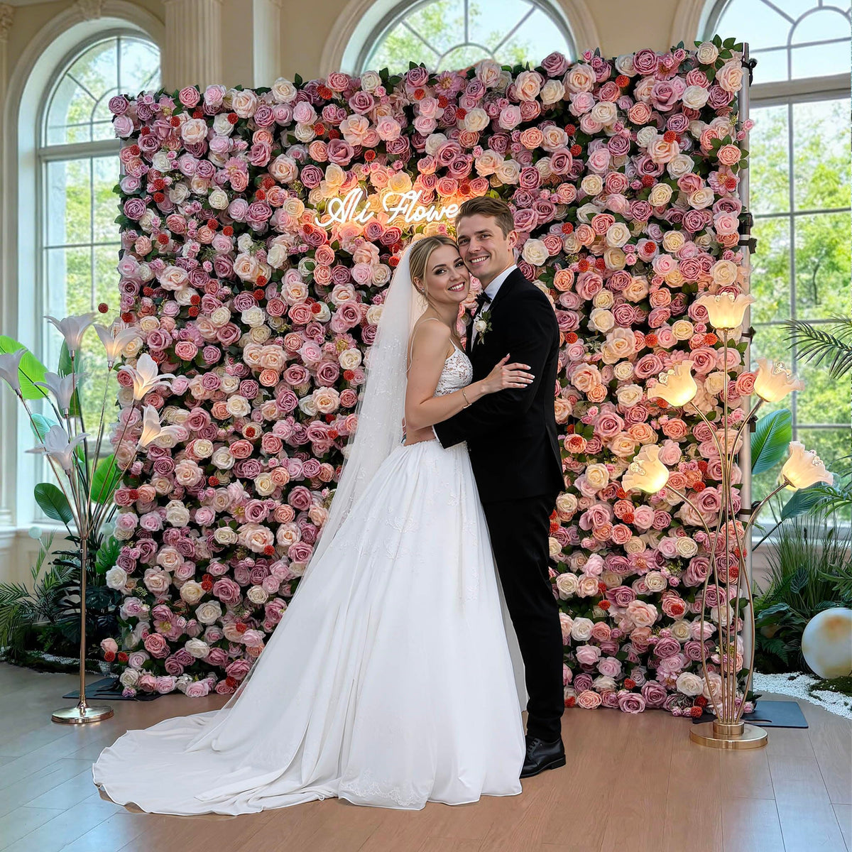 Luxury‌ Artificial Flower Wall Backdrop 5D Silk Purple Rose Flower Panel Wedding Baby Shower Party Birthday Decorative Quick Assembly