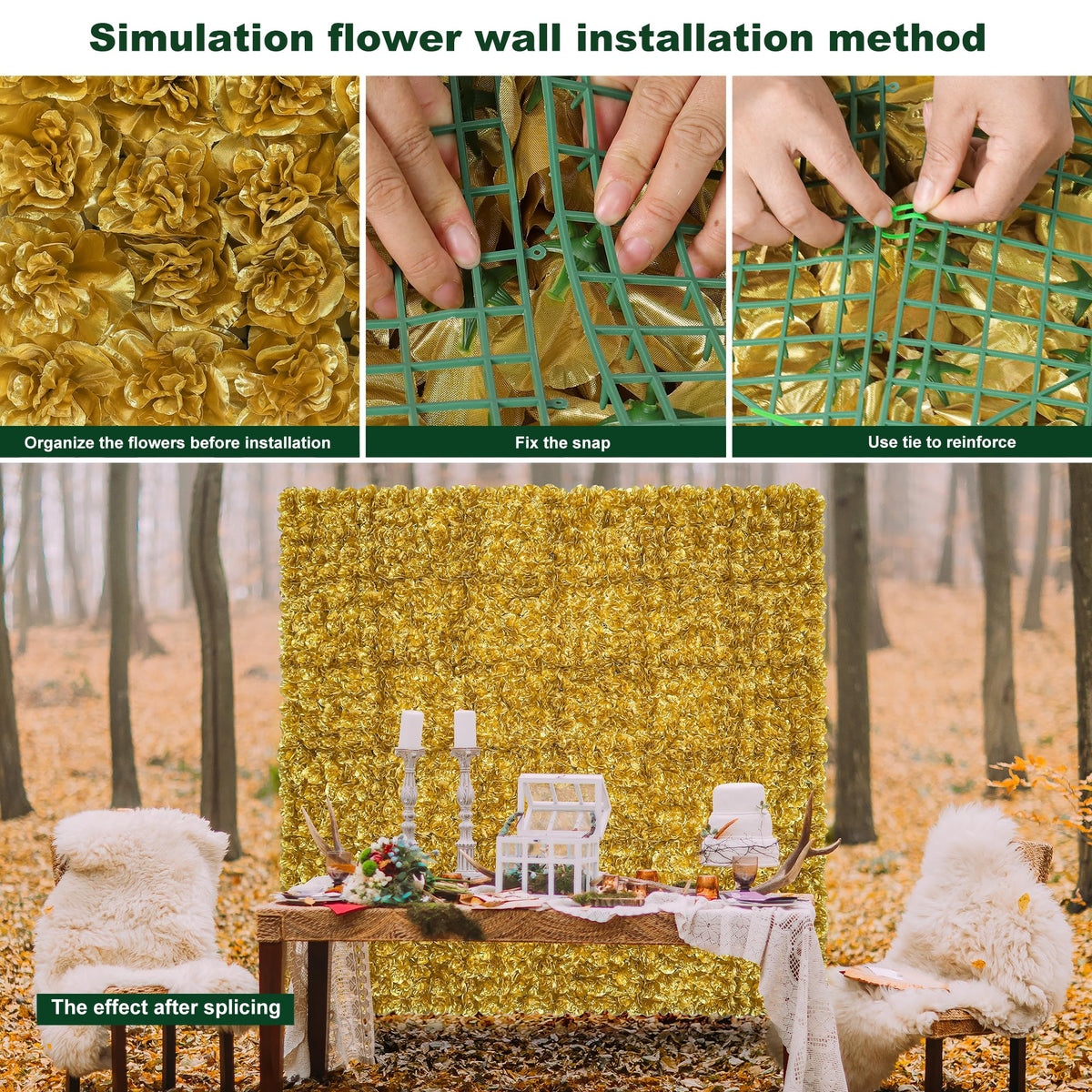 Flower Wall Backdrop12pcs 16.5"x16.5" Floral Wall-Gold