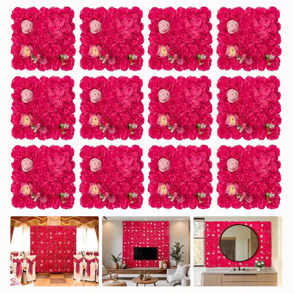 BLOSMON Red Flower Wall Backdrop for Wedding Decor, 12 Pcs, 24 x 16 Inches