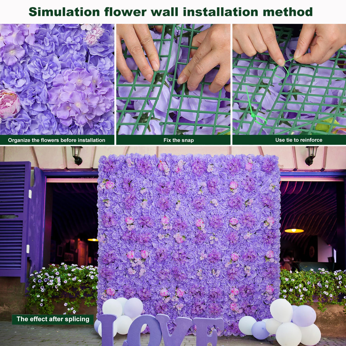 12pcs Flower Wall Backdrop 16.5"x16.5" Silk Floral Panels-Purple