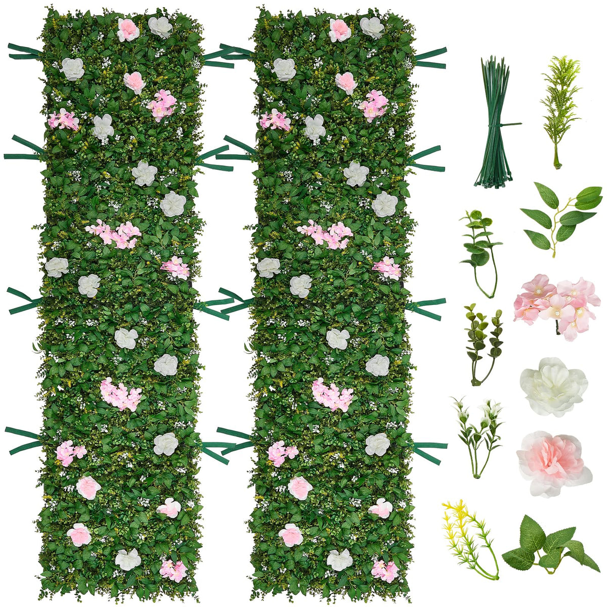 VEVOR Artificial Luxury‌ Flower Wall Backdrop, 2 PCS, Each Panel 2 x 8 ft, Gorgeous 3D Silk Floral Backdrop Pet Friendly, Easy Installation Flower Wall Panel for Wedding, Event, Party,Mixed Leaf