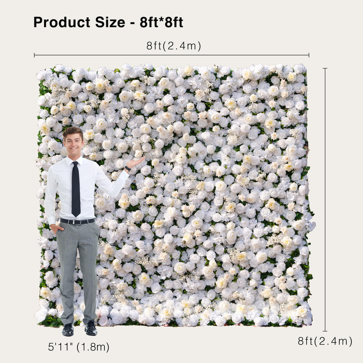 Flower Wall, Silk Artificial Flower Wall Backdrop for Wedding, Party and Home Decor, Fake Floral Panels for Bridal, White and Gold, 8 x 8ft