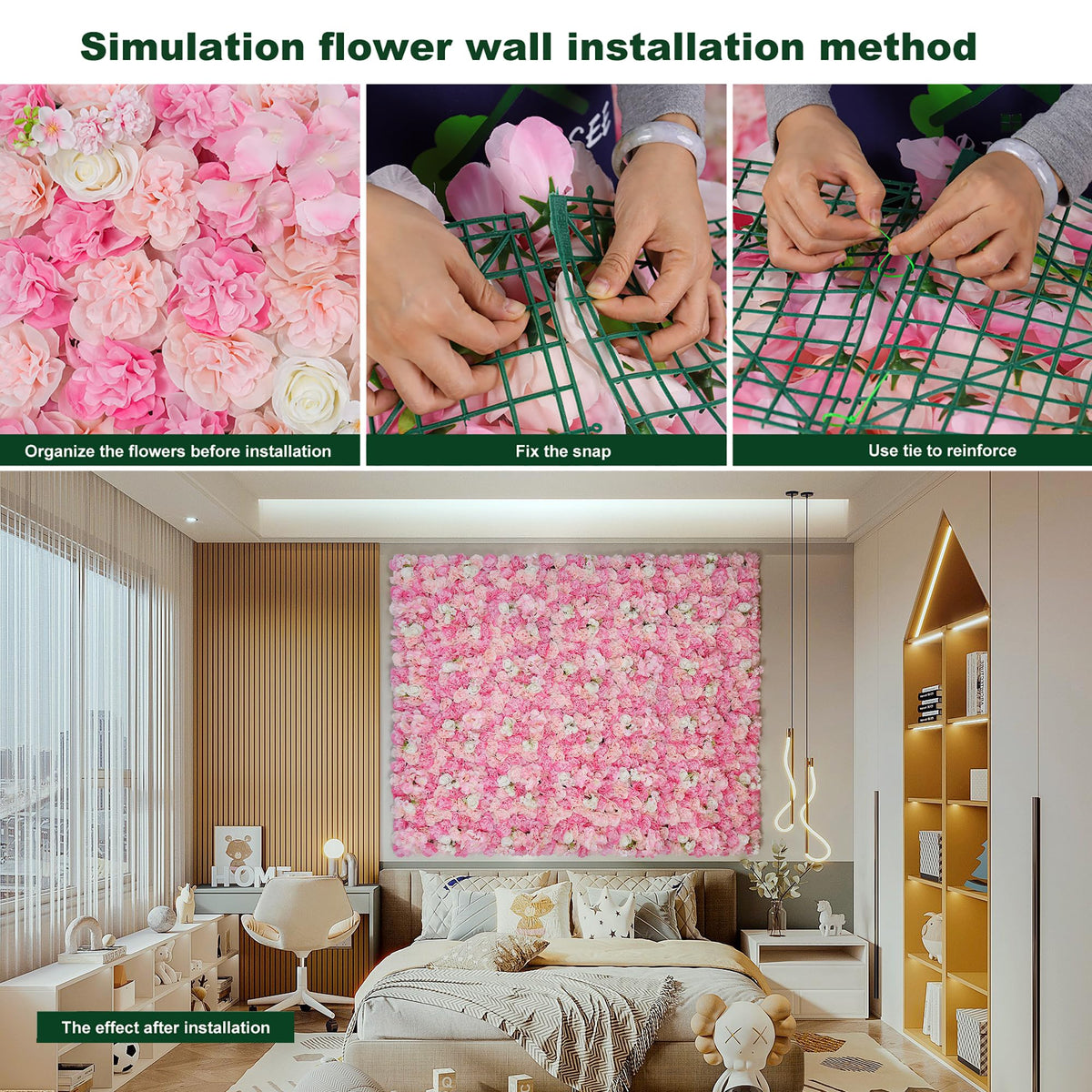 Flower Wall Backdrop 12pcs 16.5"x16.5"Artificial Floral Panels-Pink