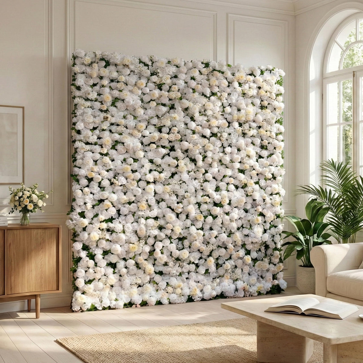 Flower Wall, Silk Artificial Flower Wall Backdrop for Wedding, Party and Home Decor, Fake Floral Panels for Bridal, White and Gold, 8 x 8ft