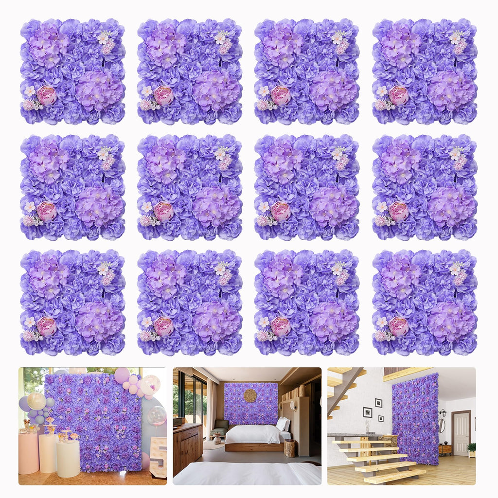 12pcs Flower Wall Backdrop 16.5"x16.5" Silk Floral Panels-Purple