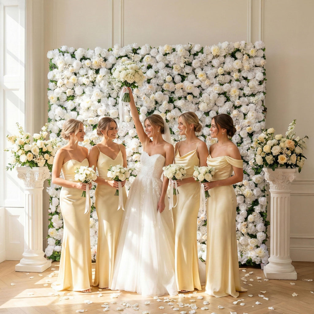 Flower Wall, Silk Artificial Flower Wall Backdrop for Wedding, Party and Home Decor, Fake Floral Panels for Bridal, White and Gold, 8 x 8ft