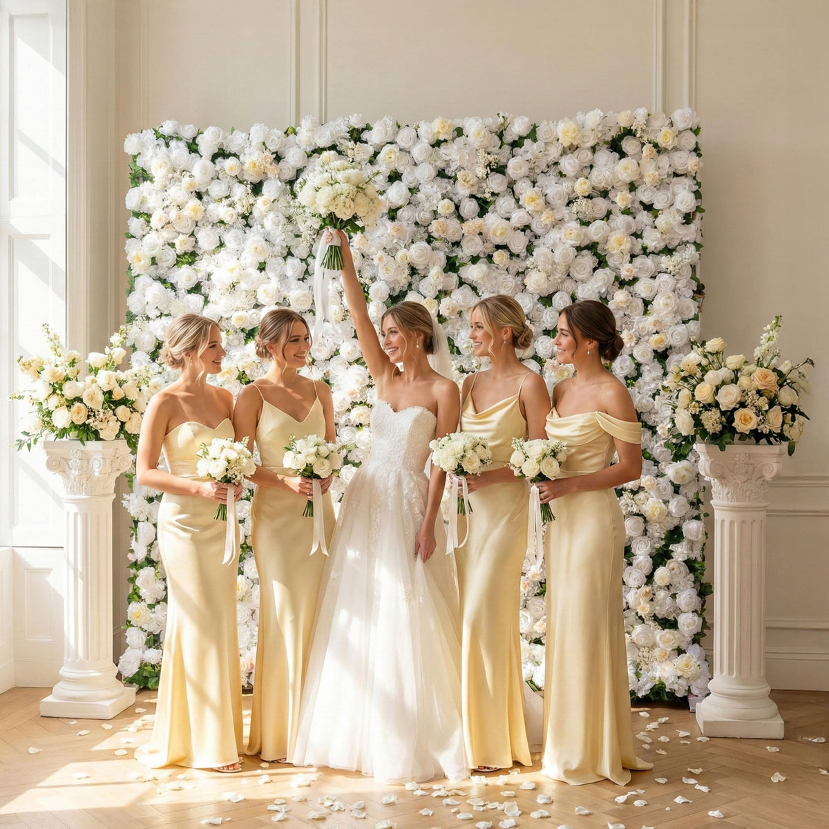 Flower Wall, Silk Artificial Flower Wall Backdrop for Wedding, Party and Home Decor, Fake Floral Panels for Bridal, White and Gold, 8 x 8ft