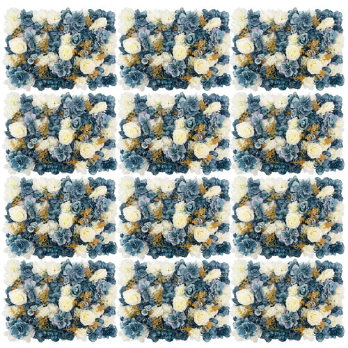 12 Pcs Flower Wall Panel, 24" x 16" Artificial Rose Hydrangea Backdrop, 3D Heavy Duty Faux Silk Floral Backdrop with 100 Zip Ties for Wedding Event Party Home Patio Decoration