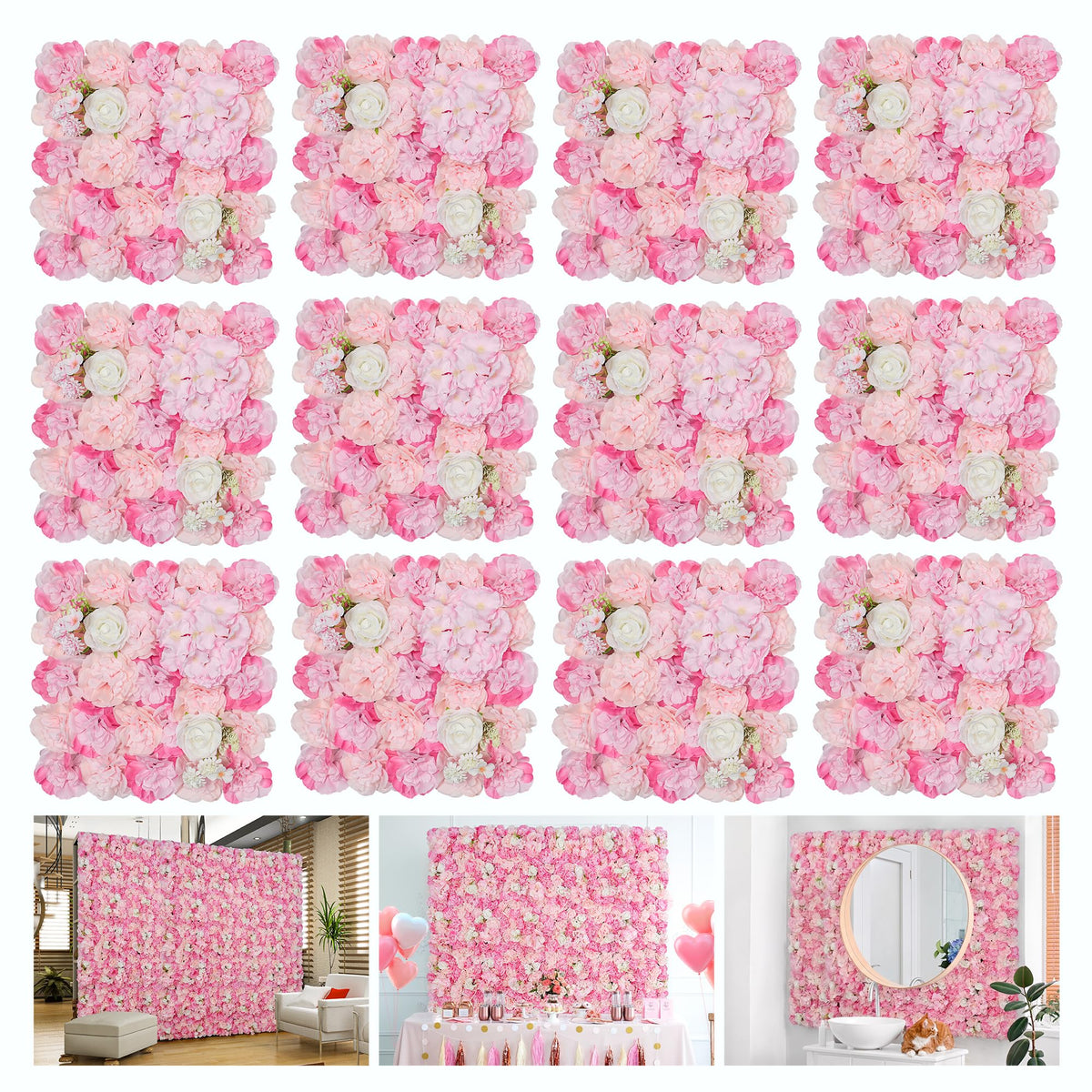 Flower Wall Backdrop 12pcs 16.5"x16.5"Artificial Floral Panels-Pink
