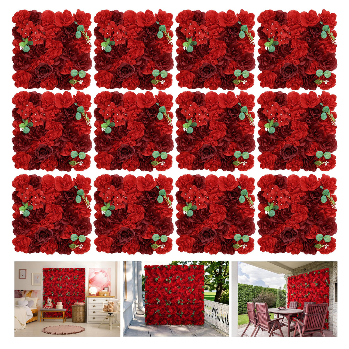 BLOSMON Red Flower Wall Backdrop for Wedding Decor, 12 Pcs, 24 x 16 Inches