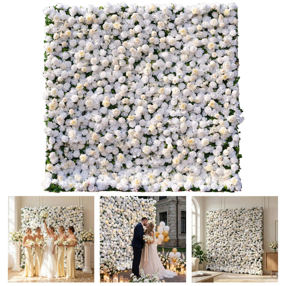 Flower Wall, Silk Artificial Flower Wall Backdrop for Wedding, Party and Home Decor, Fake Floral Panels for Bridal, White and Gold, 8 x 8ft