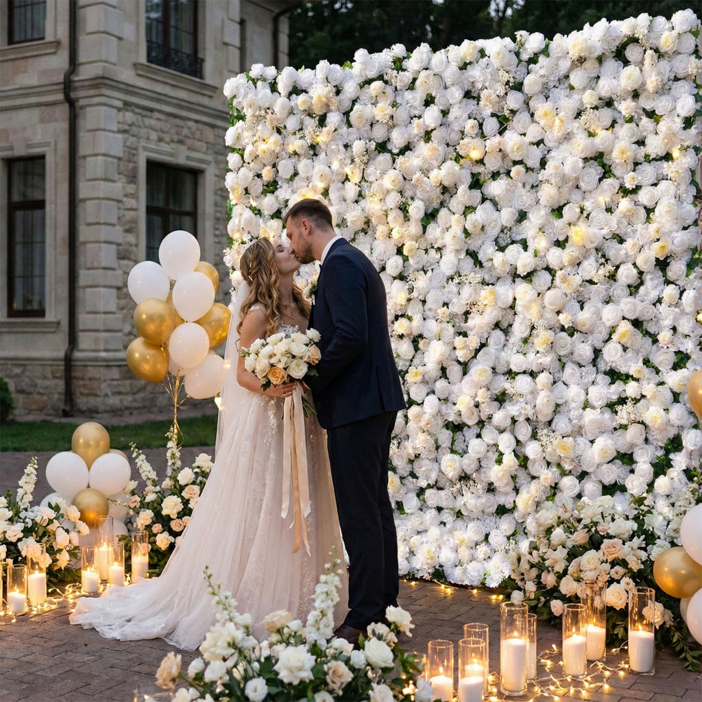 Flower Wall, Silk Artificial Flower Wall Backdrop for Wedding, Party and Home Decor, Fake Floral Panels for Bridal, White and Gold, 8 x 8ft