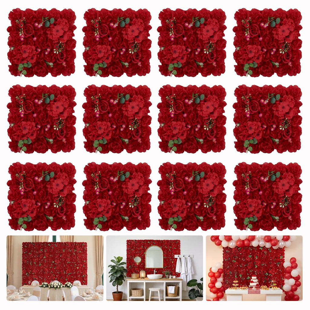 BLOSMON Red Flower Wall Backdrop for Wedding Decor, 12 Pcs, 24 x 16 Inches