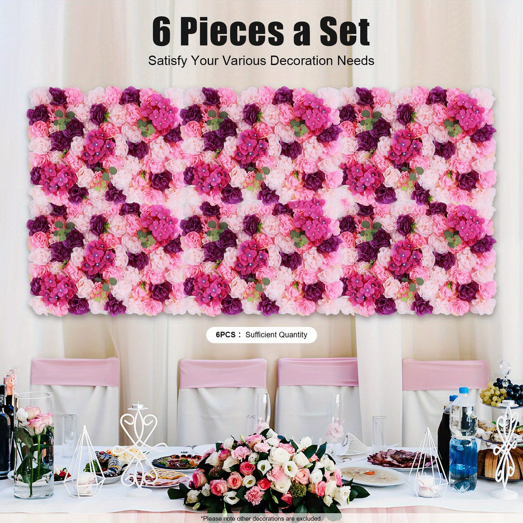 Artificial Flower Wall Decor Set, Pink Purple Dahlia Hydrangea Eucalyptus Flowers for Indoor Outdoor Home Wedding Party Decor, 23.62x15.75inch Each Panel