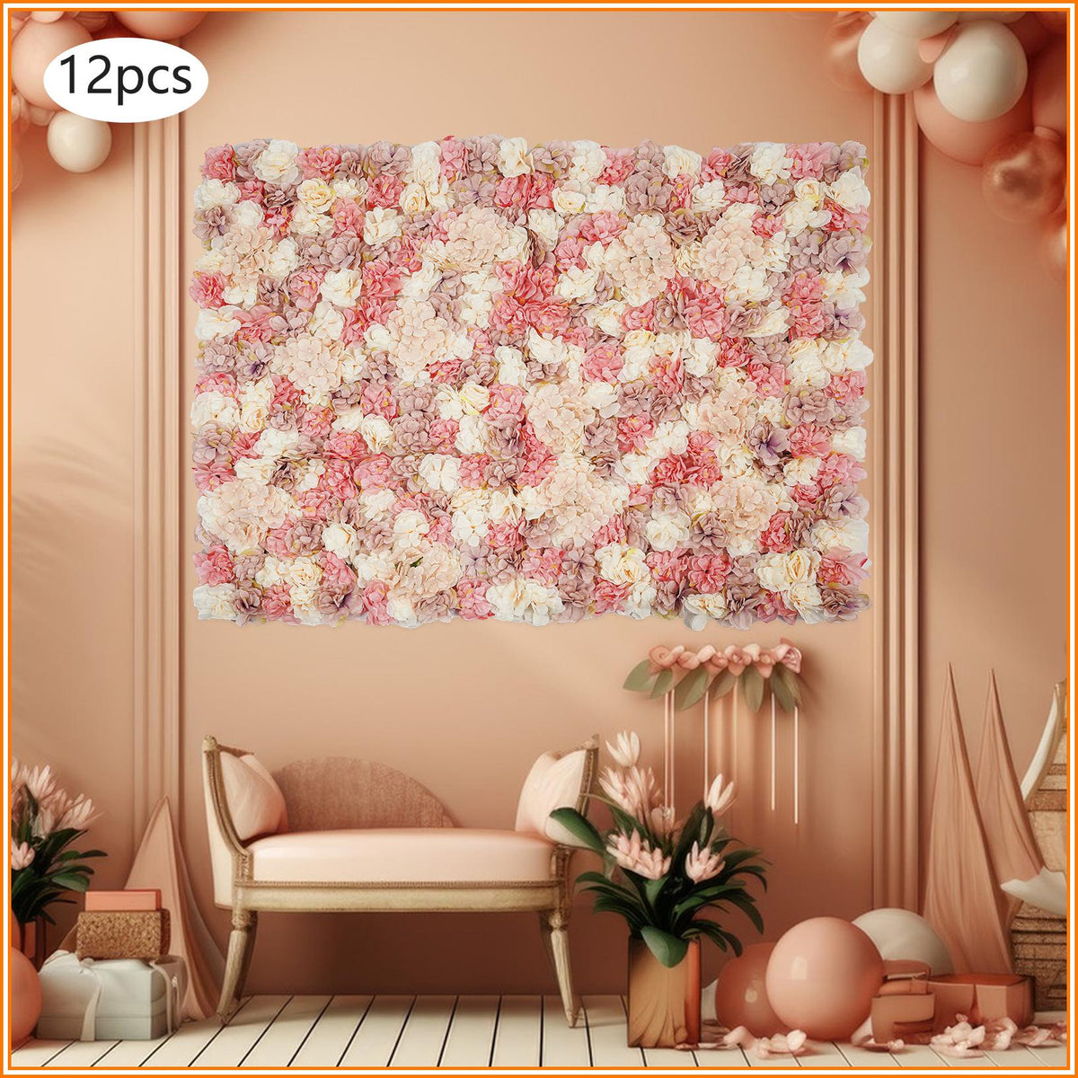 12pcs Artificial Vine Wall Panels with 100 Ties Autumn-Tone Dahlias, Mini Roses & Champagne Hydrangeas 14.96x14.96inch, Artificial Flowers Wall Panels, Decoration, Suitable for Various Party Decorations Such as Bridal Showers, Birthday Parties