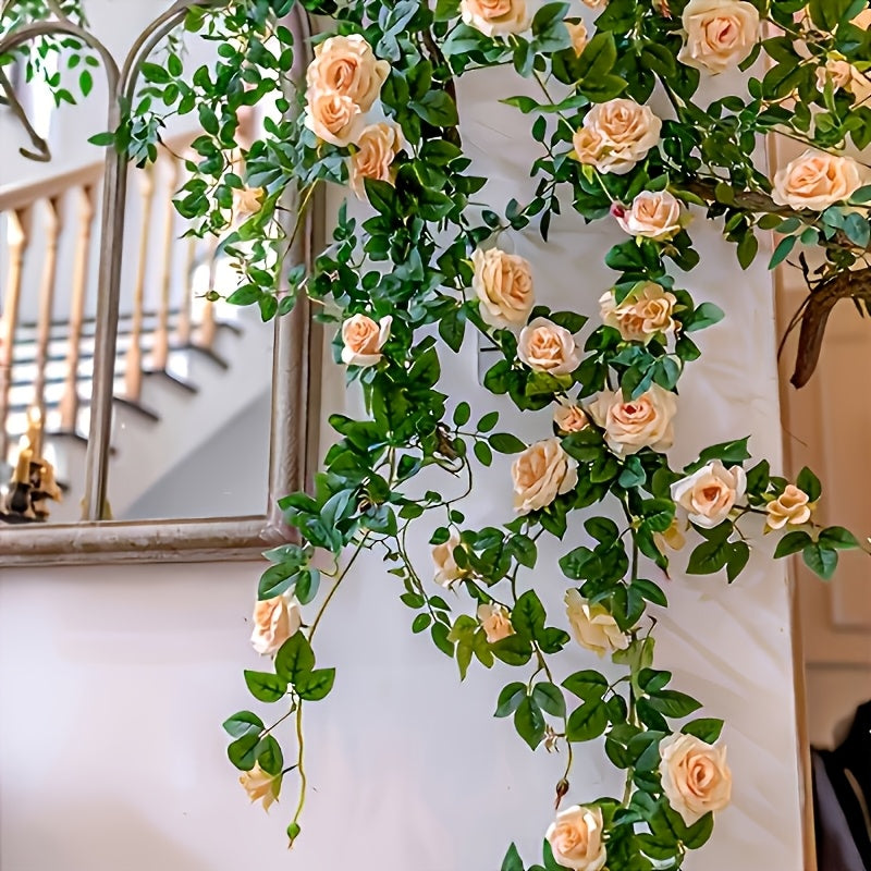 3pcs Outdoor Artificial Mini Tea Rose Fake Flower Vine, Air Conditioner Pipe Cover Decorative Vine, Wall Wire Concealer Wall-Mounted Green Plant Flower Wall Landscape Plastic Plant, Suitable for Christmas, Thanksgiving, Valentine's Day